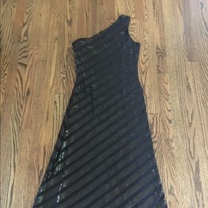 One should black sequin David Meister gown